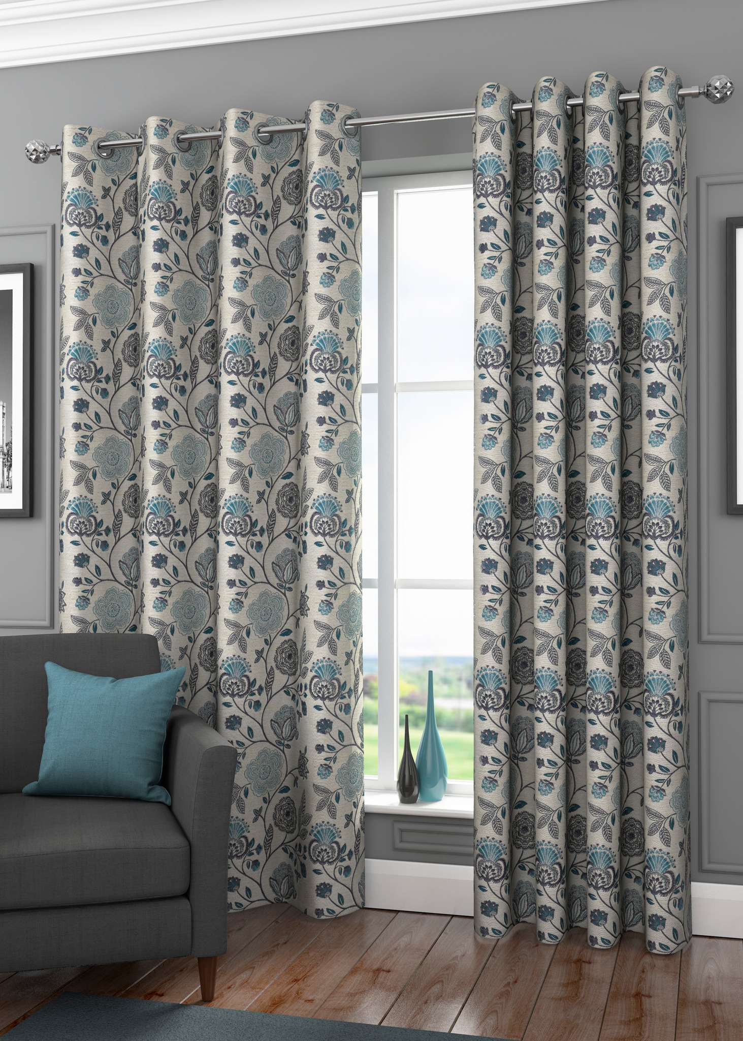 Jacobean Teal Curtain 90"X90" - Click Image to Close